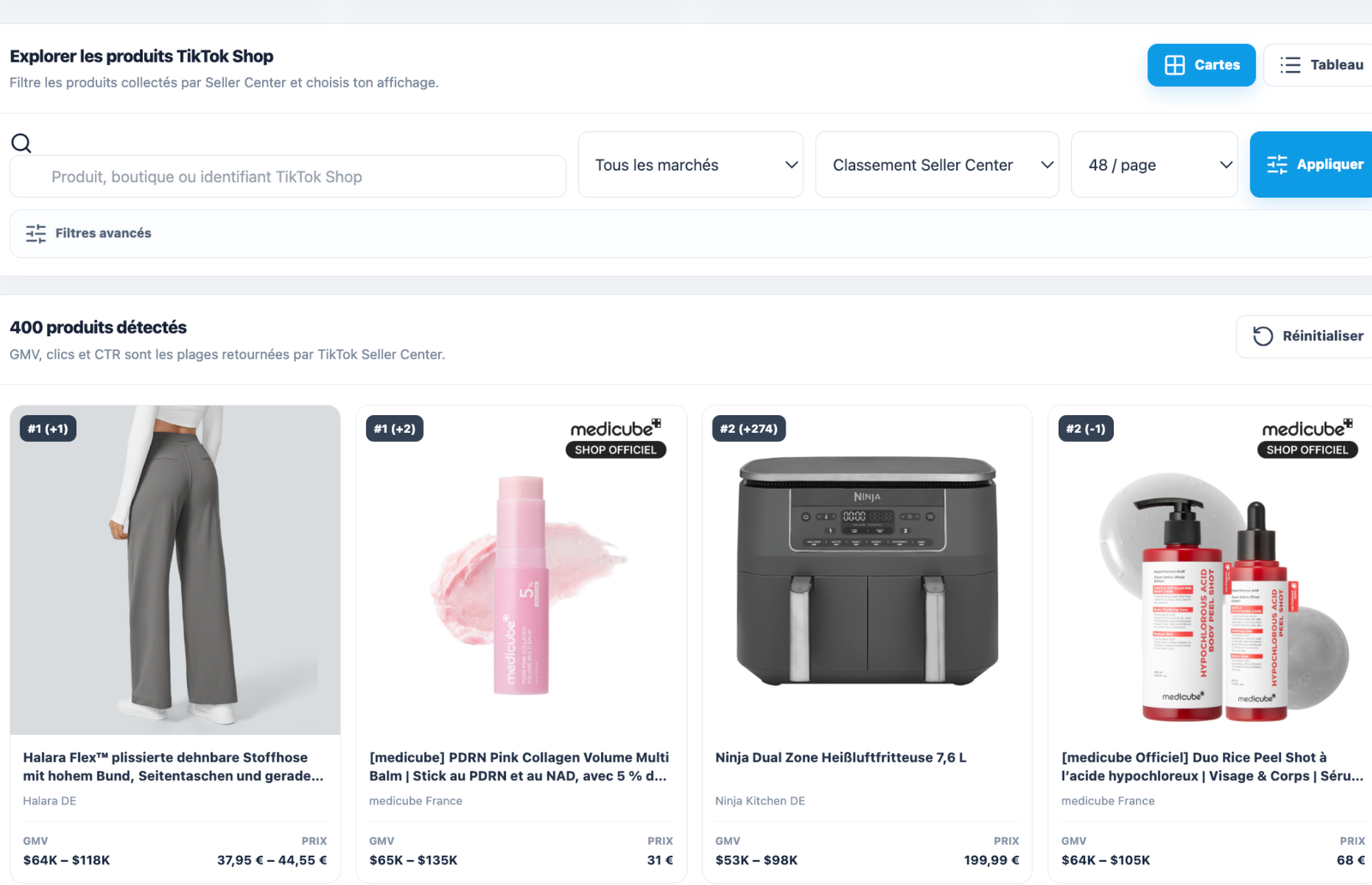 Aperçu du catalogue TikTok Shop de TrendSpy